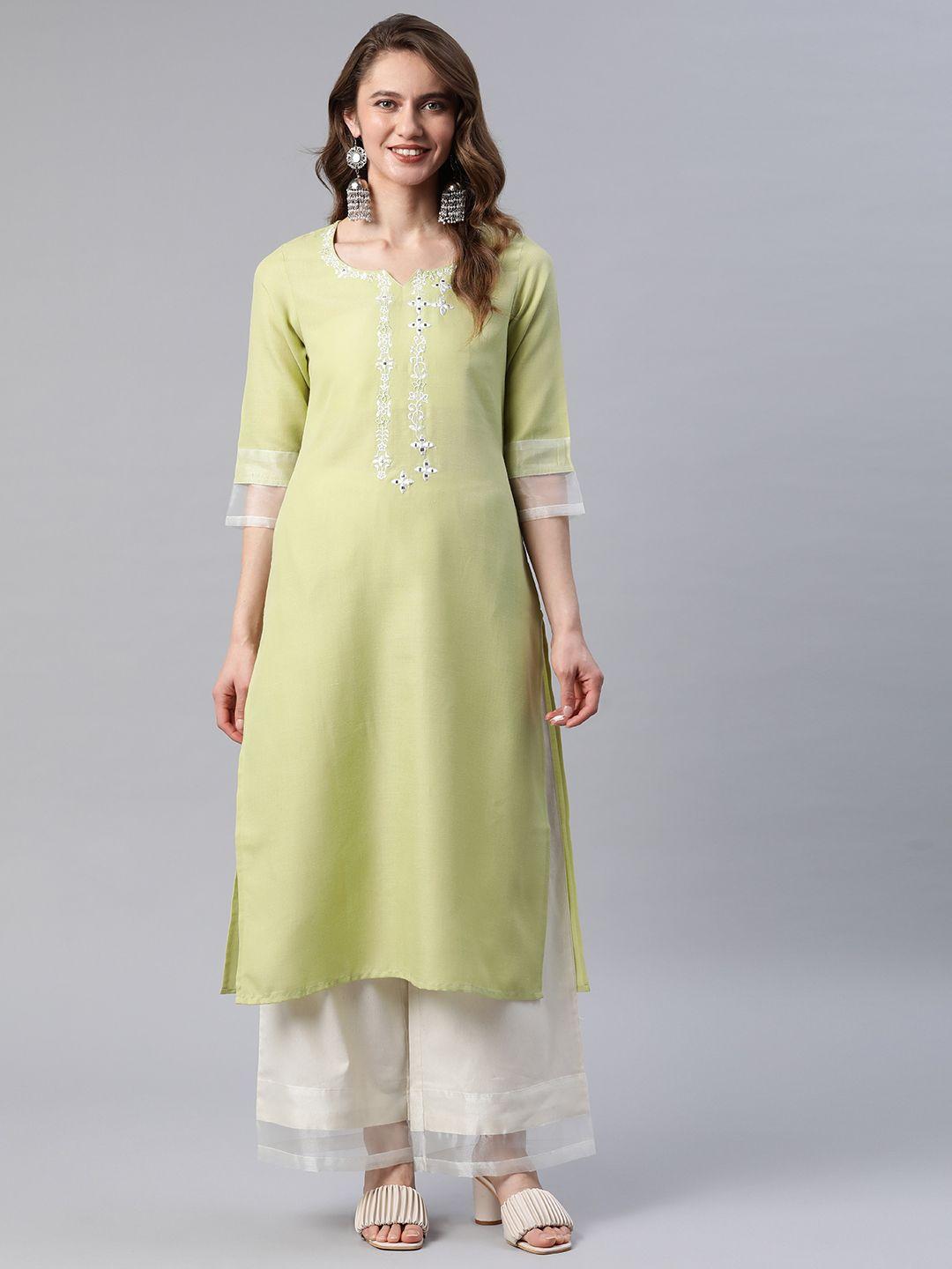 cottinfab women green ethnic motifs embroidered pure cotton kurta with palazzos