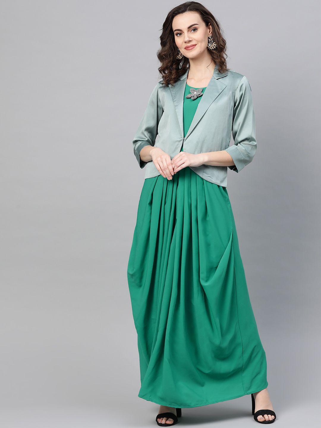 cottinfab women green solid maxi dress with jacket