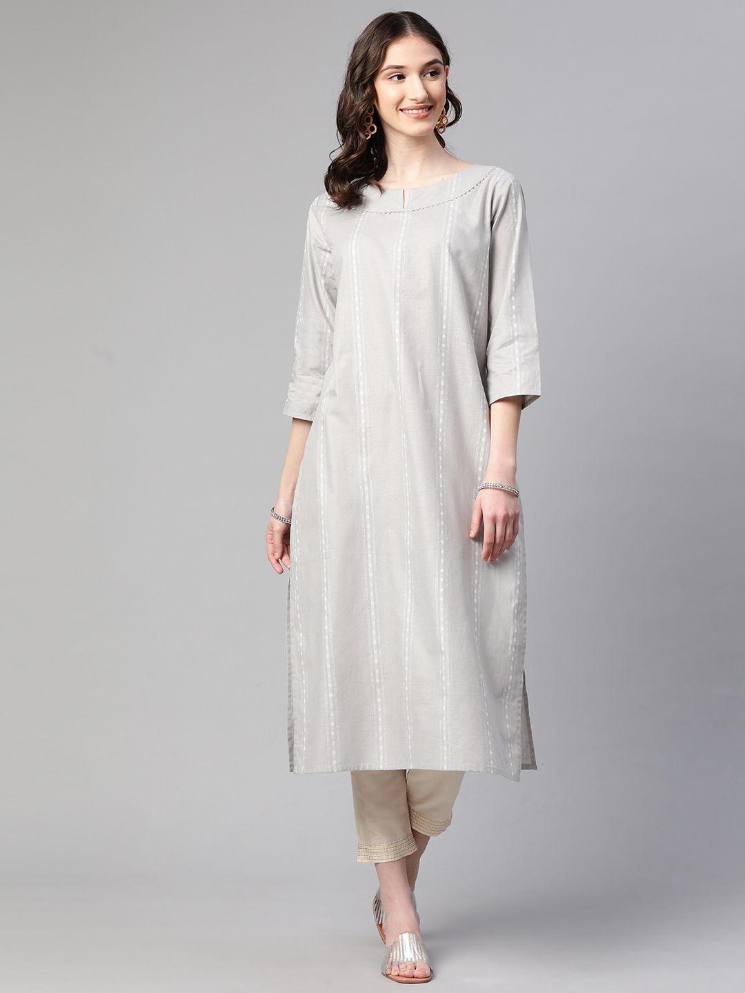 cottinfab women grey & white striped gotta patti kurta