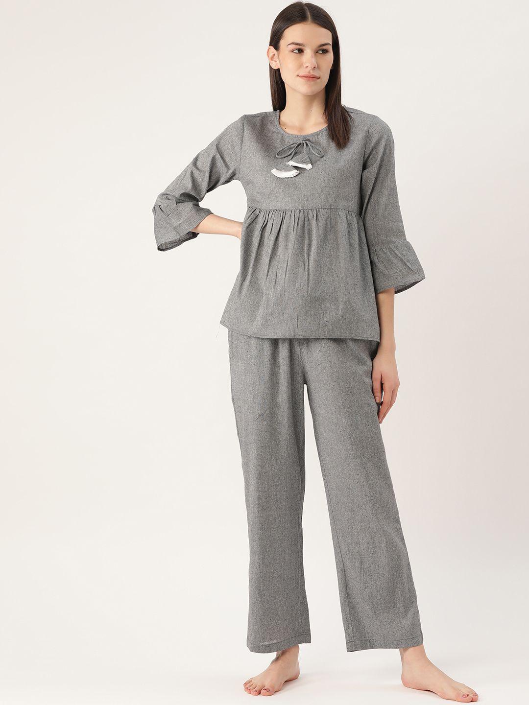 cottinfab women grey pure cotton solid night suit