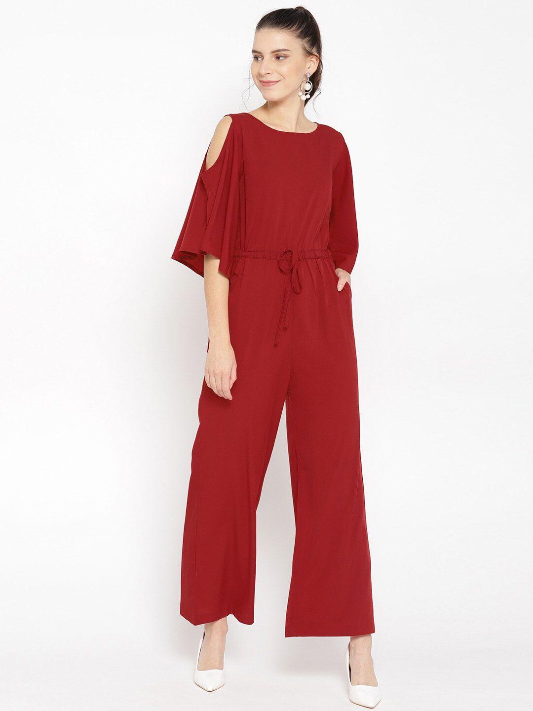 cottinfab women maroon solid basic jumpsuit