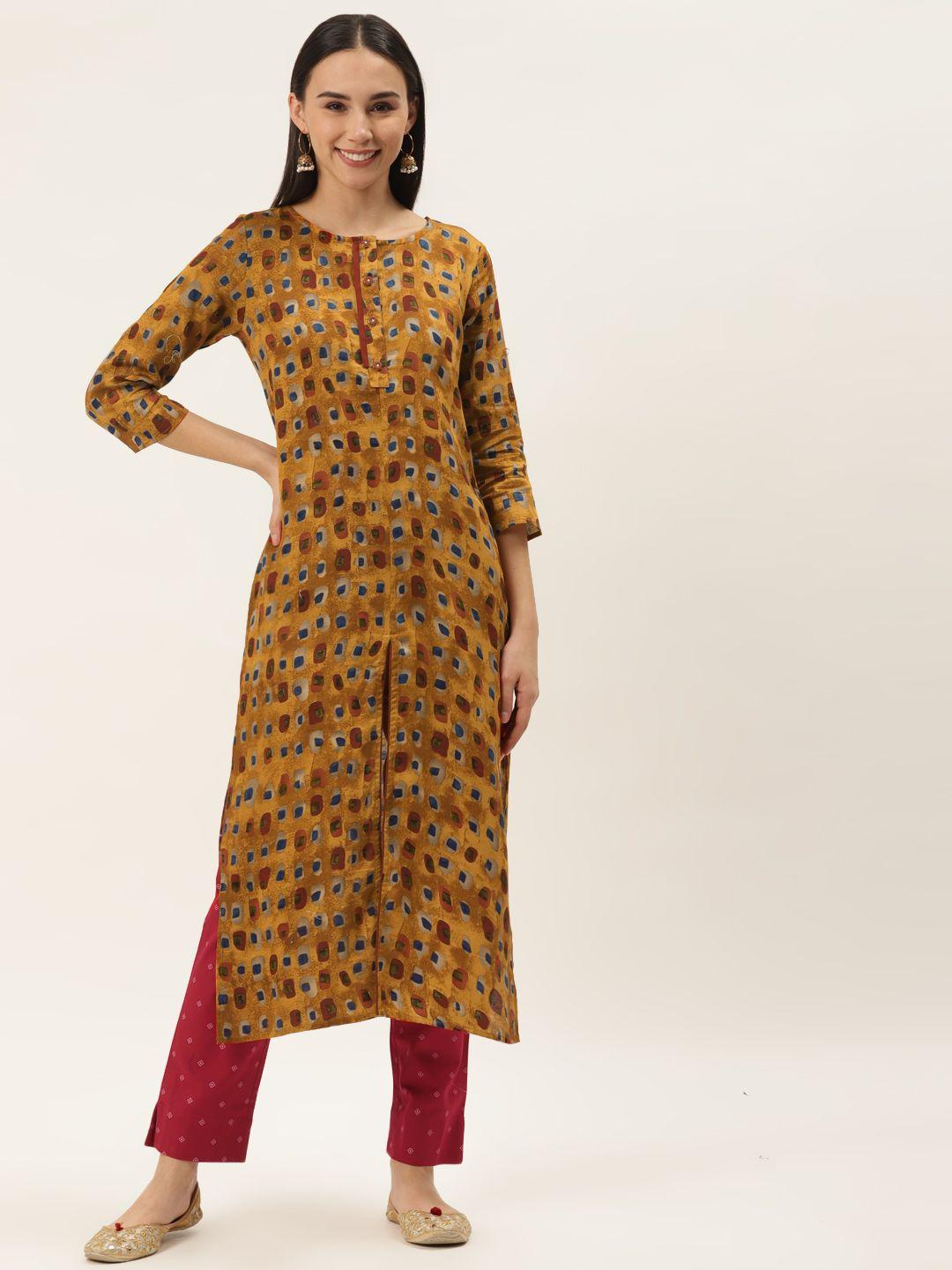 cottinfab women mustard brown & maroon printed kurta with trousers