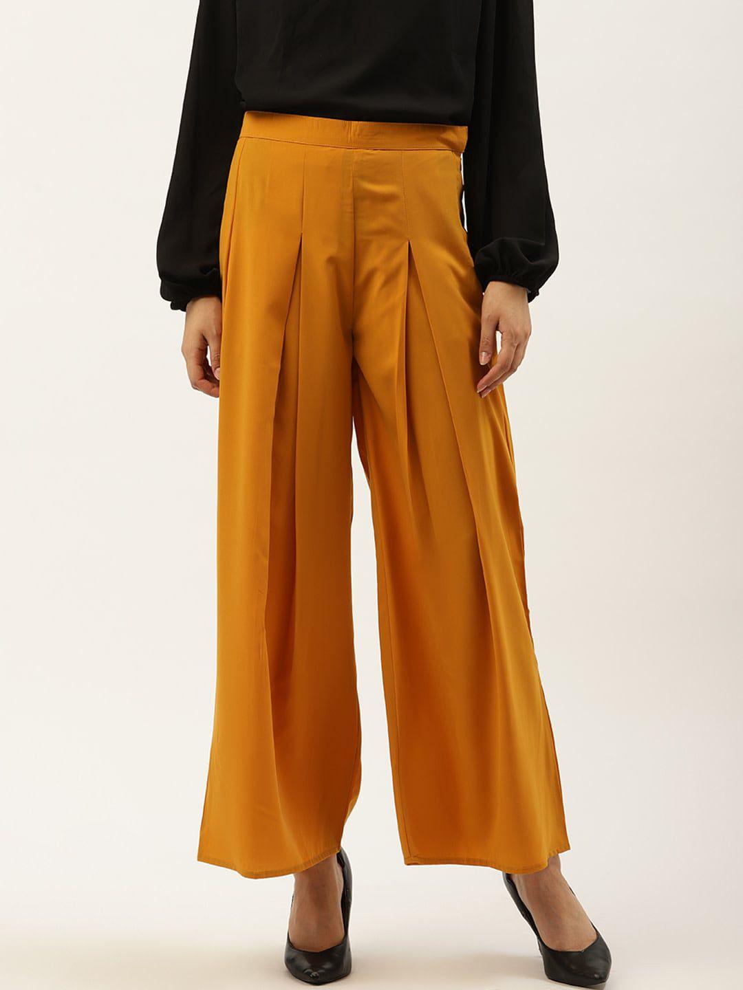 cottinfab women mustard flared pleated parallel trousers