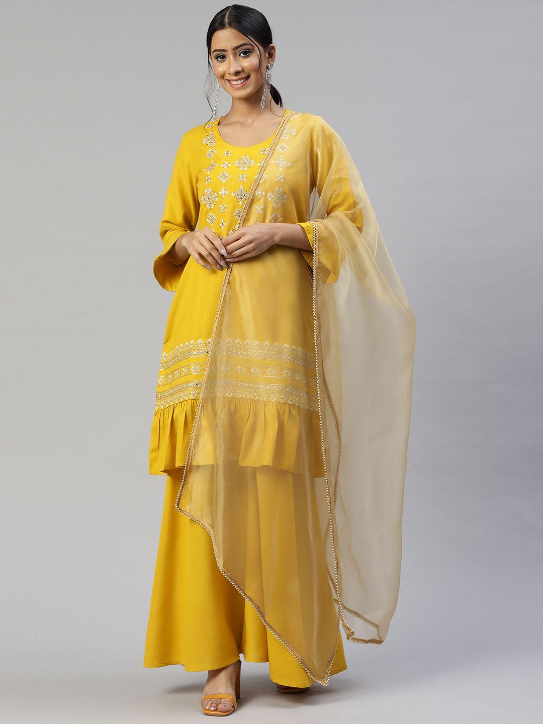 cottinfab women mustard yellow ethnic motifs embroidered patchwork kurta with sharara & with dupatta