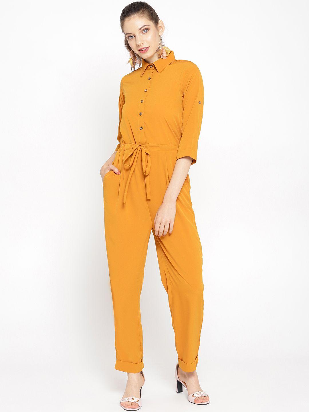 cottinfab women mustard yellow solid basic jumpsuit