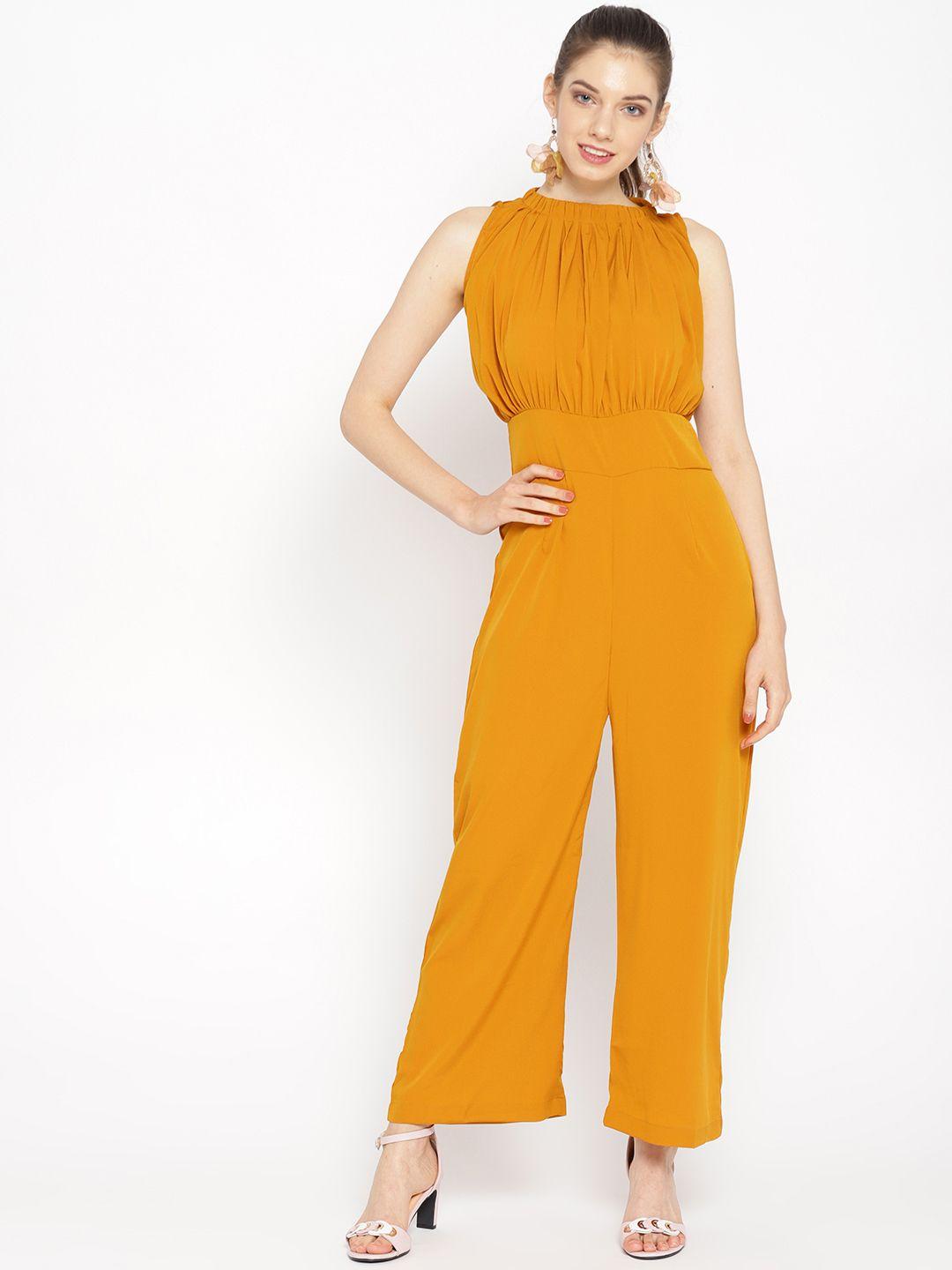 cottinfab women mustard yellow solid basic jumpsuit