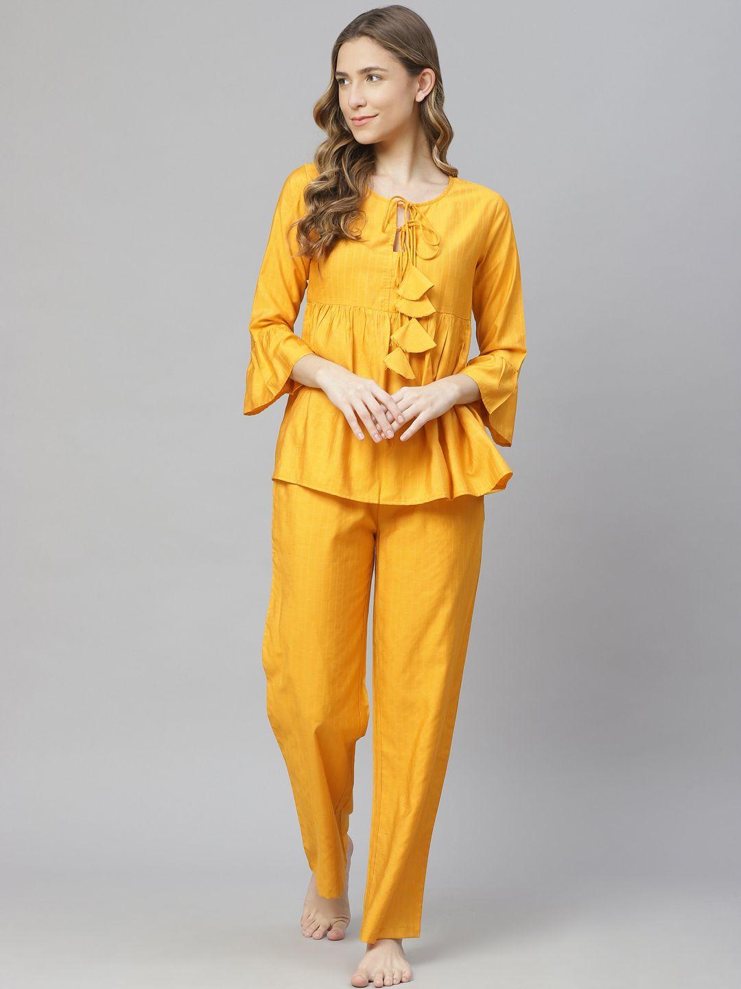 cottinfab women mustard yellow striped night suit