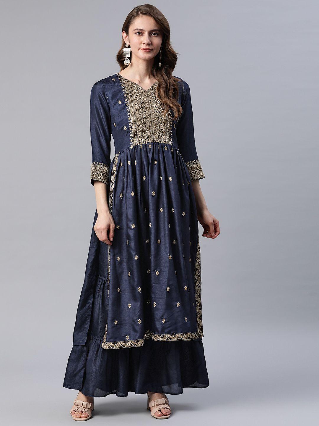 cottinfab women navy blue & golden ethnic motifs sequinned kurta with sharara