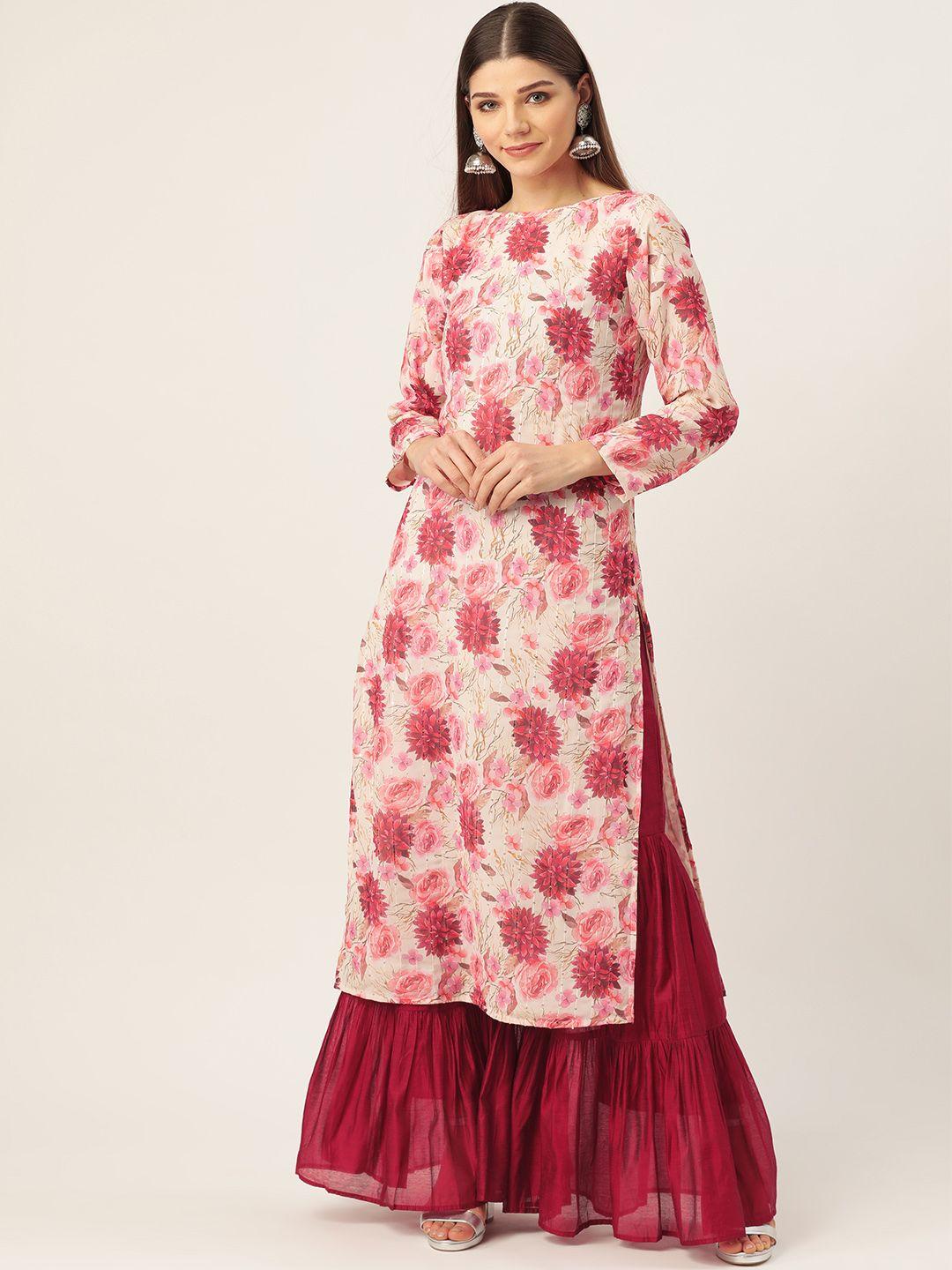 cottinfab women off-white & pink floral print kurta with sharara