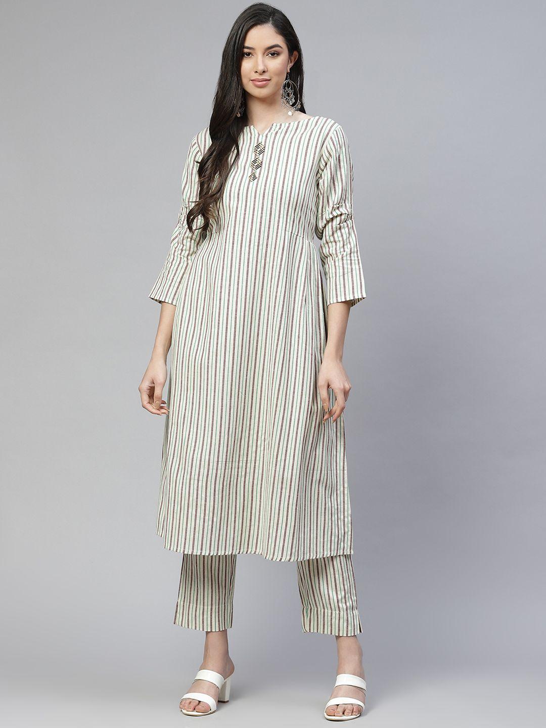 cottinfab women off white striped pure cotton kurta with trousers