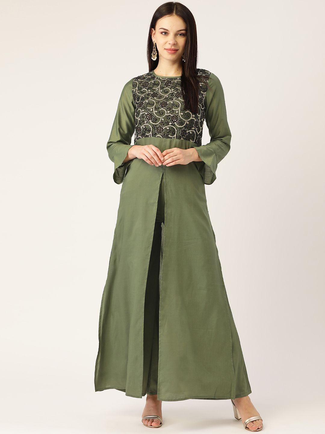 cottinfab women olive green & black self design high slit kurta with palazzos