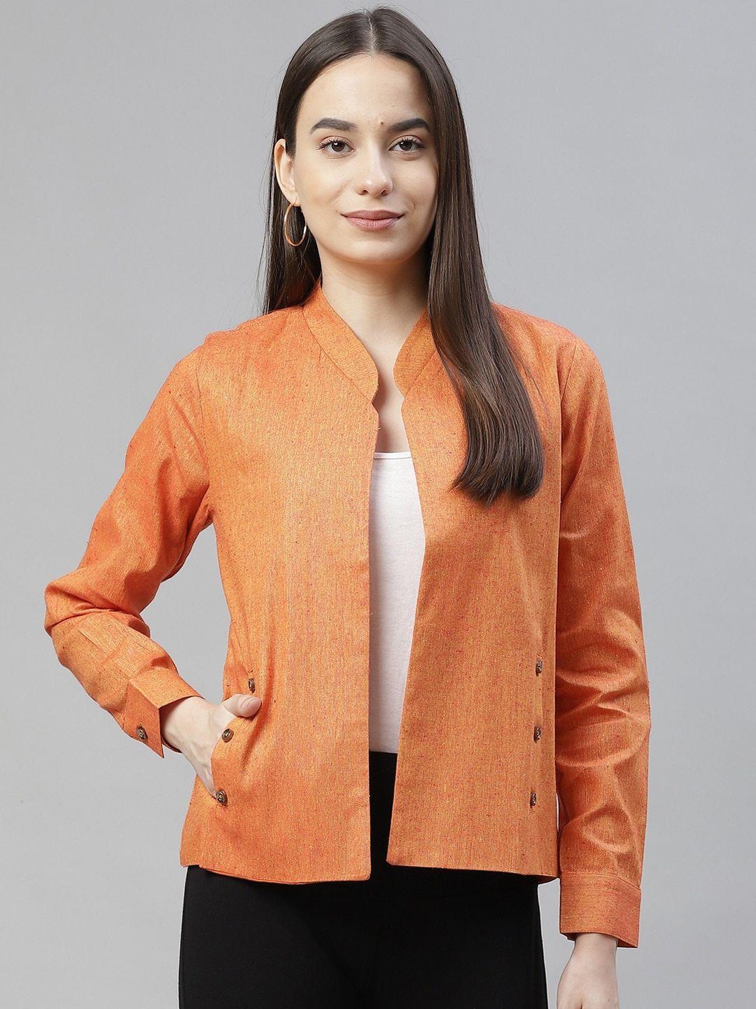 cottinfab women orange lightweight cotton open front jacket