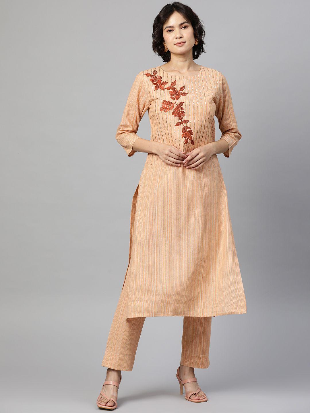 cottinfab women peach-coloured striped thread work pure cotton kurta with trousers
