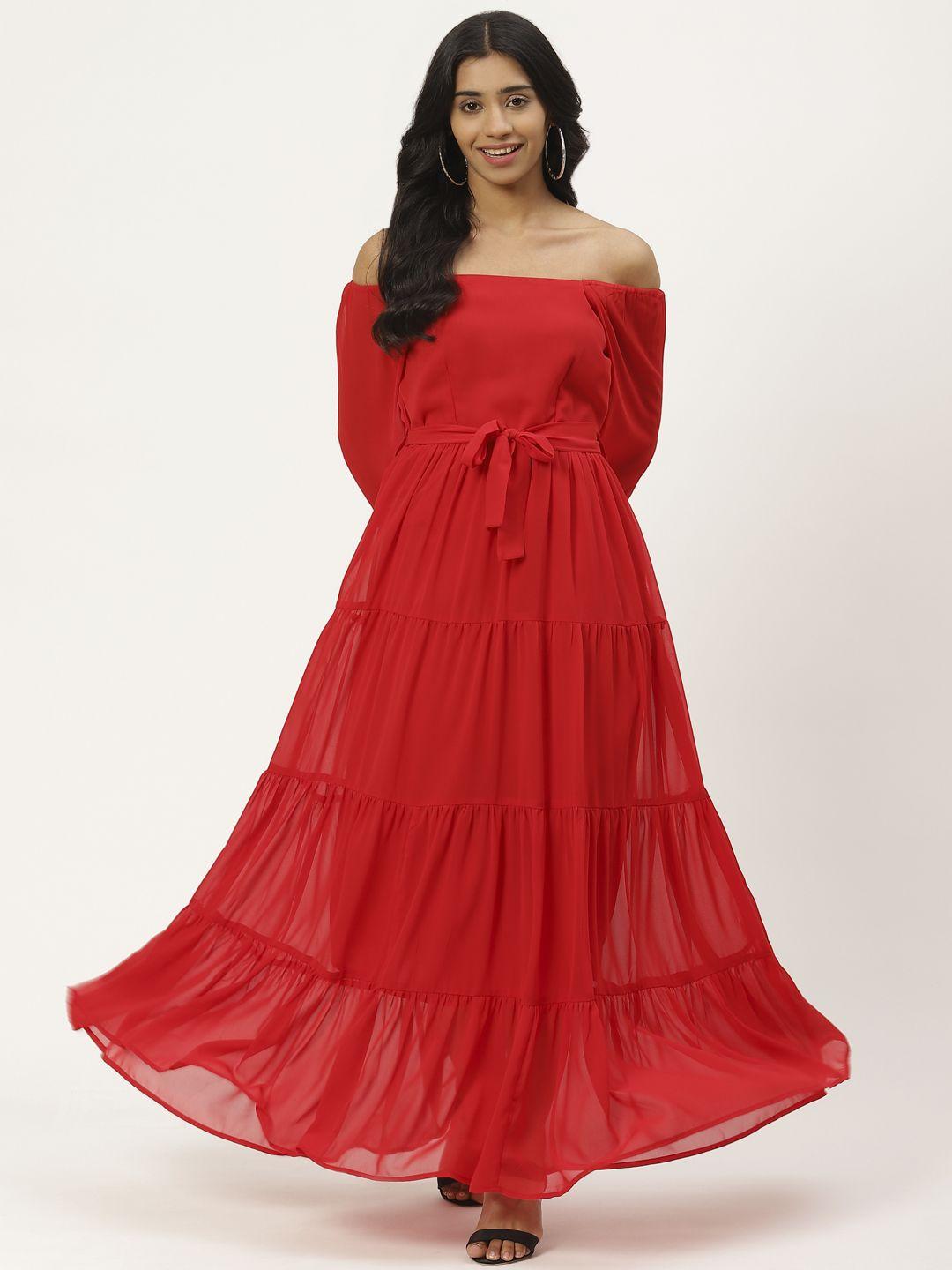 cottinfab women red off-shoulder tiered solid maxi dress