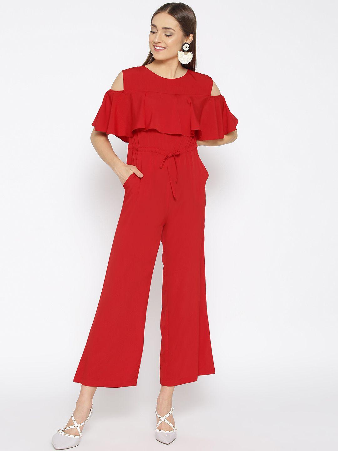 cottinfab women red solid basic jumpsuit