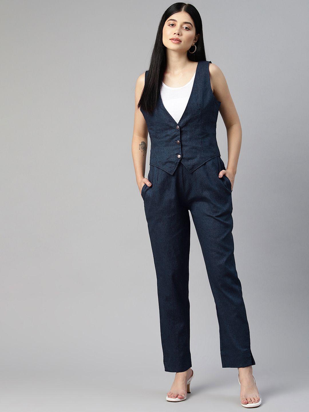 cottinfab women solid denim waistcoat with trousers