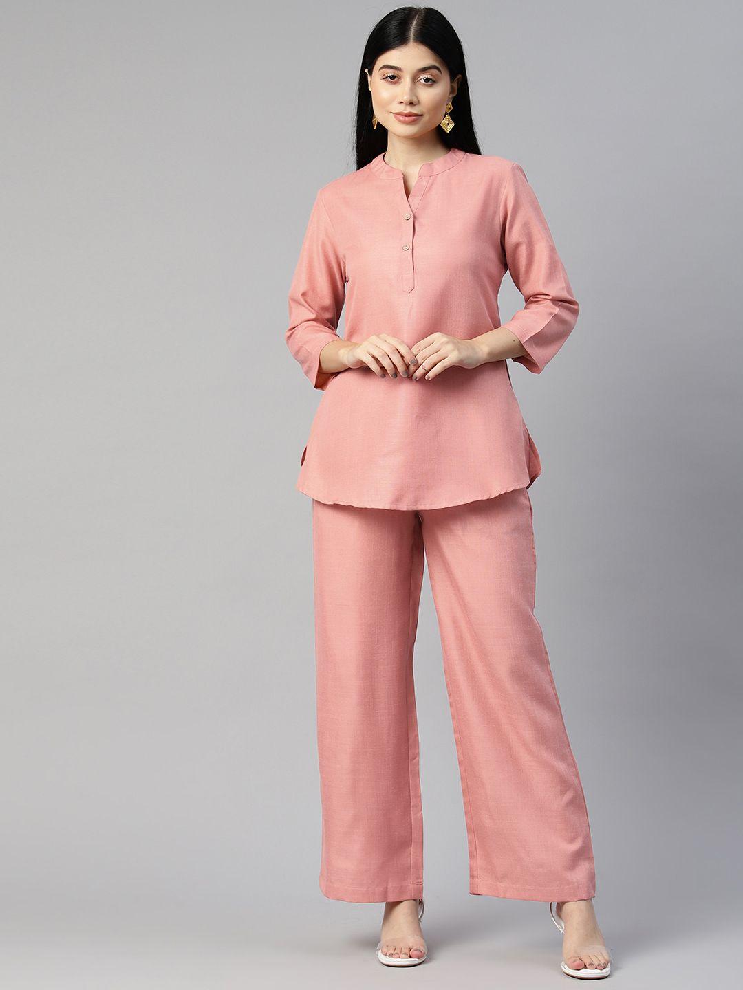 cottinfab women solid mandarin neck top with trousers co-ord set