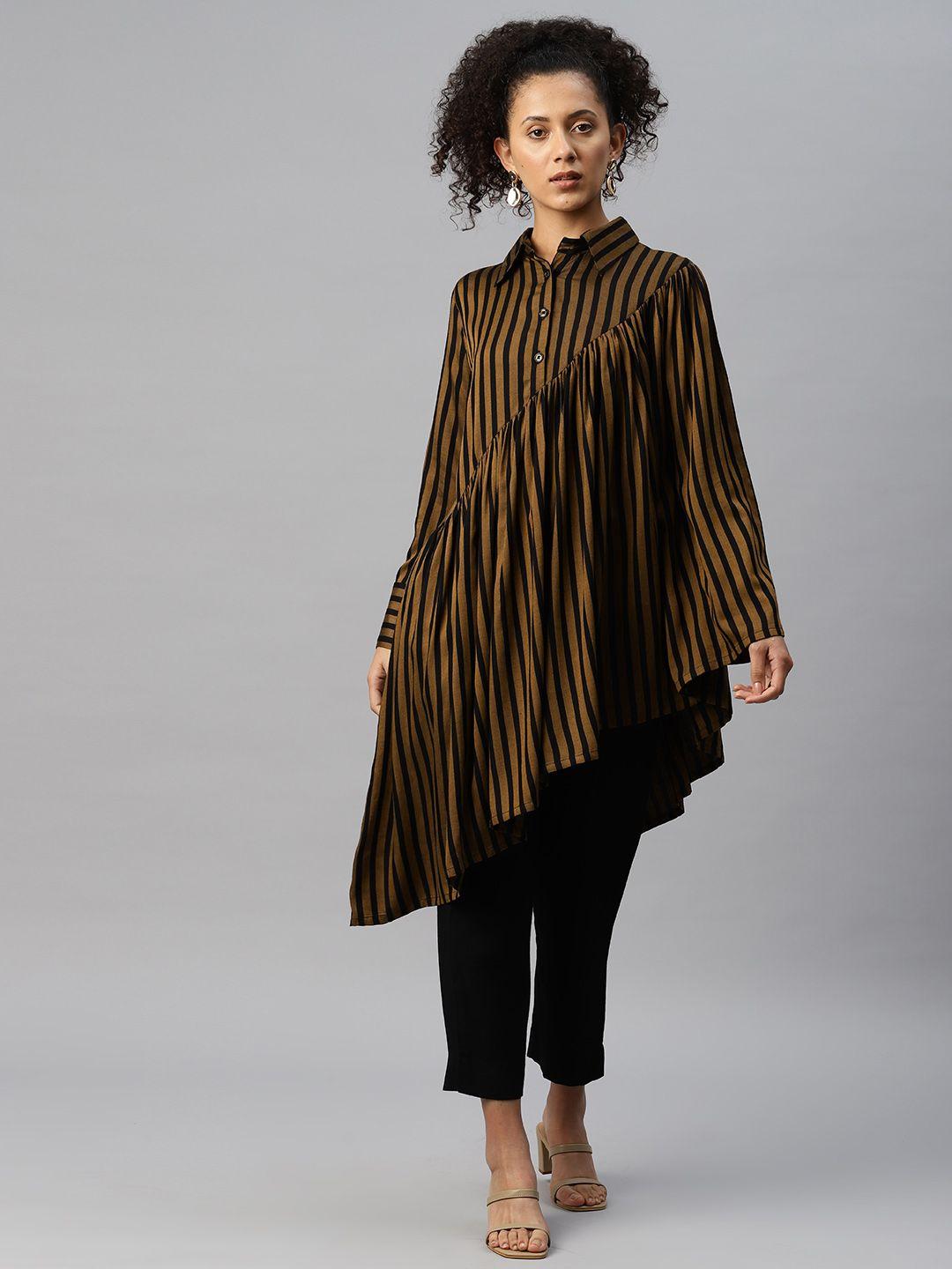 cottinfab women striped shirt collar tunic and trouser