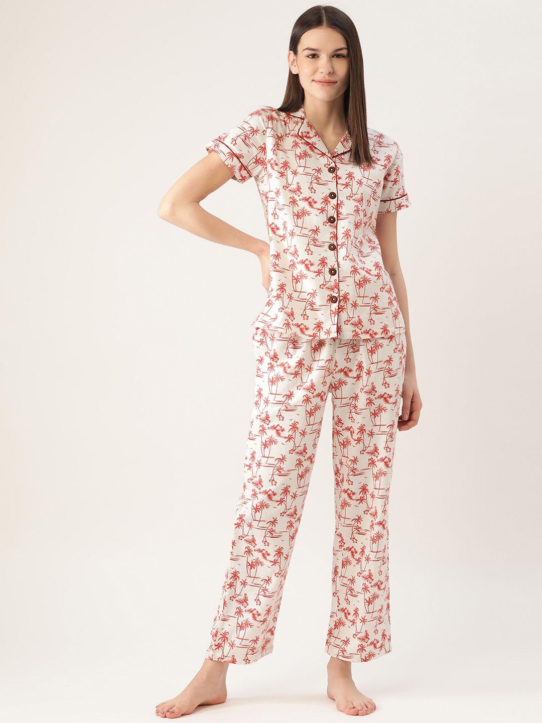 cottinfab women white & red printed night suit