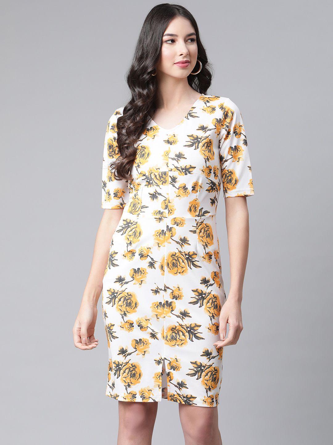 cottinfab women white & yellow floral bodycon dress