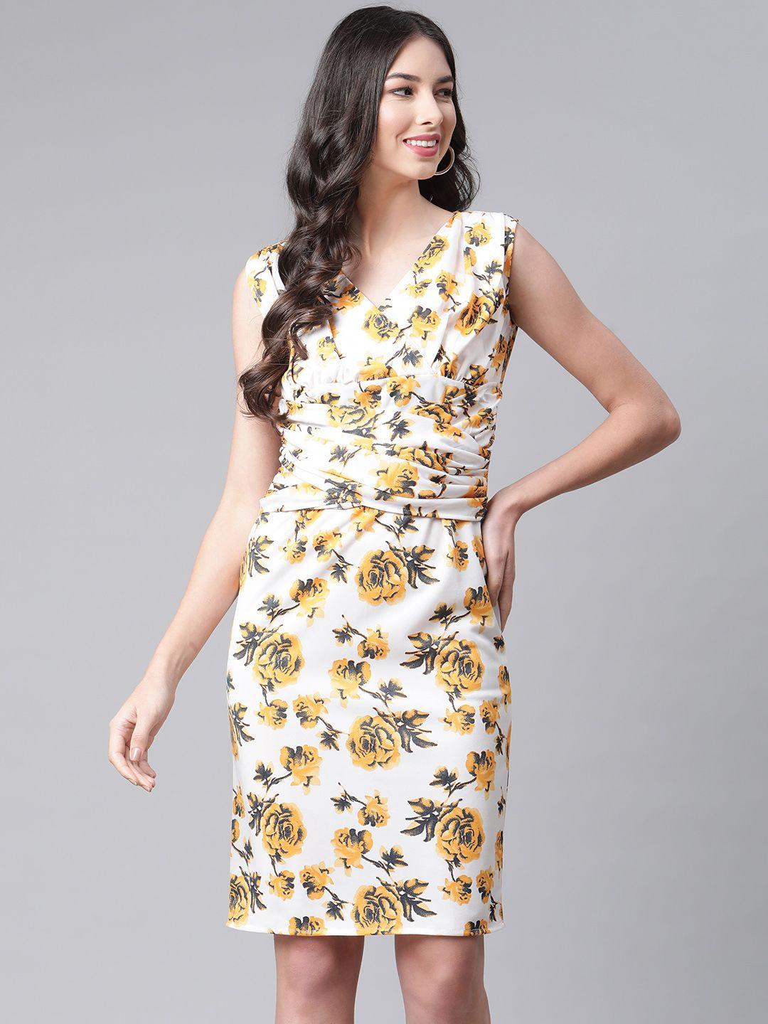 cottinfab women white & yellow floral bodycon dress