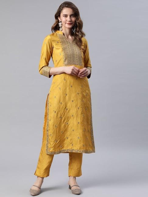 cottinfab yellow embellished silk blend kurta with pants