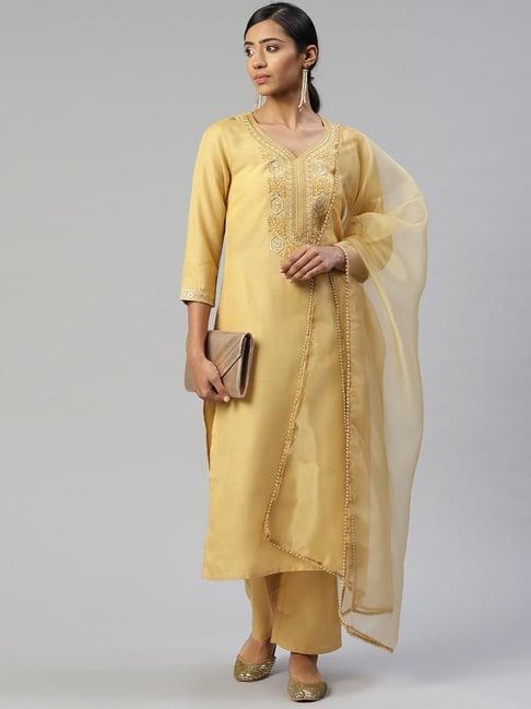 cottinfab yellow embroidered cotton suit set