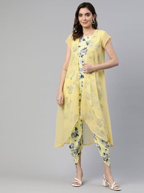 cottinfab yellow floral print crepe jumpsuit with shrug