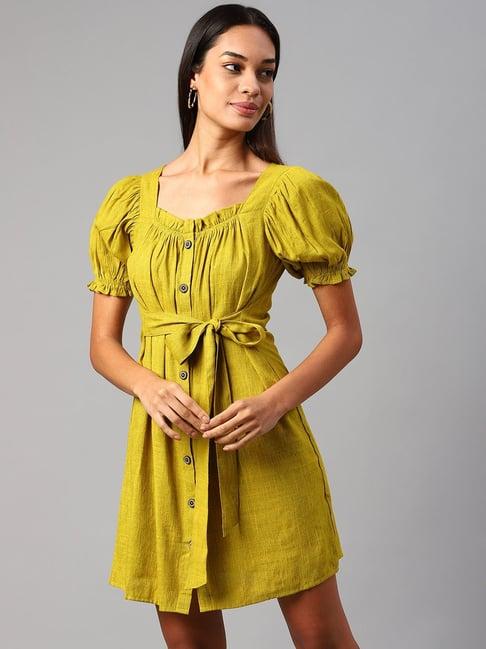 cottinfab yellow puff sleeves shirt rayon dress