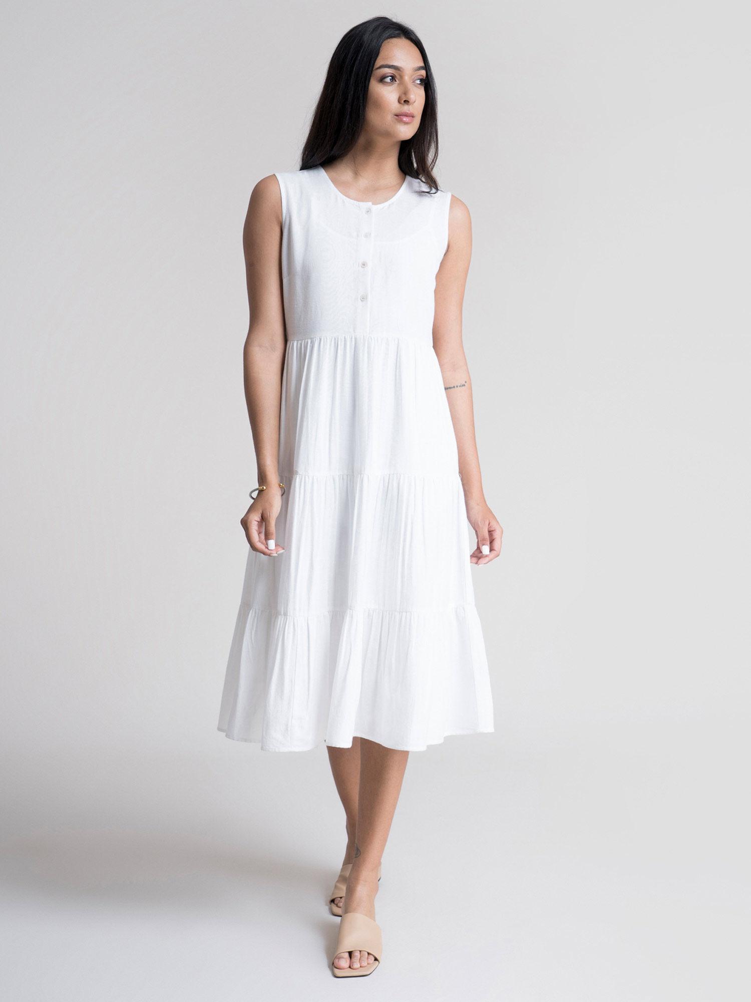 cotton 3 tiered a-line dress - white