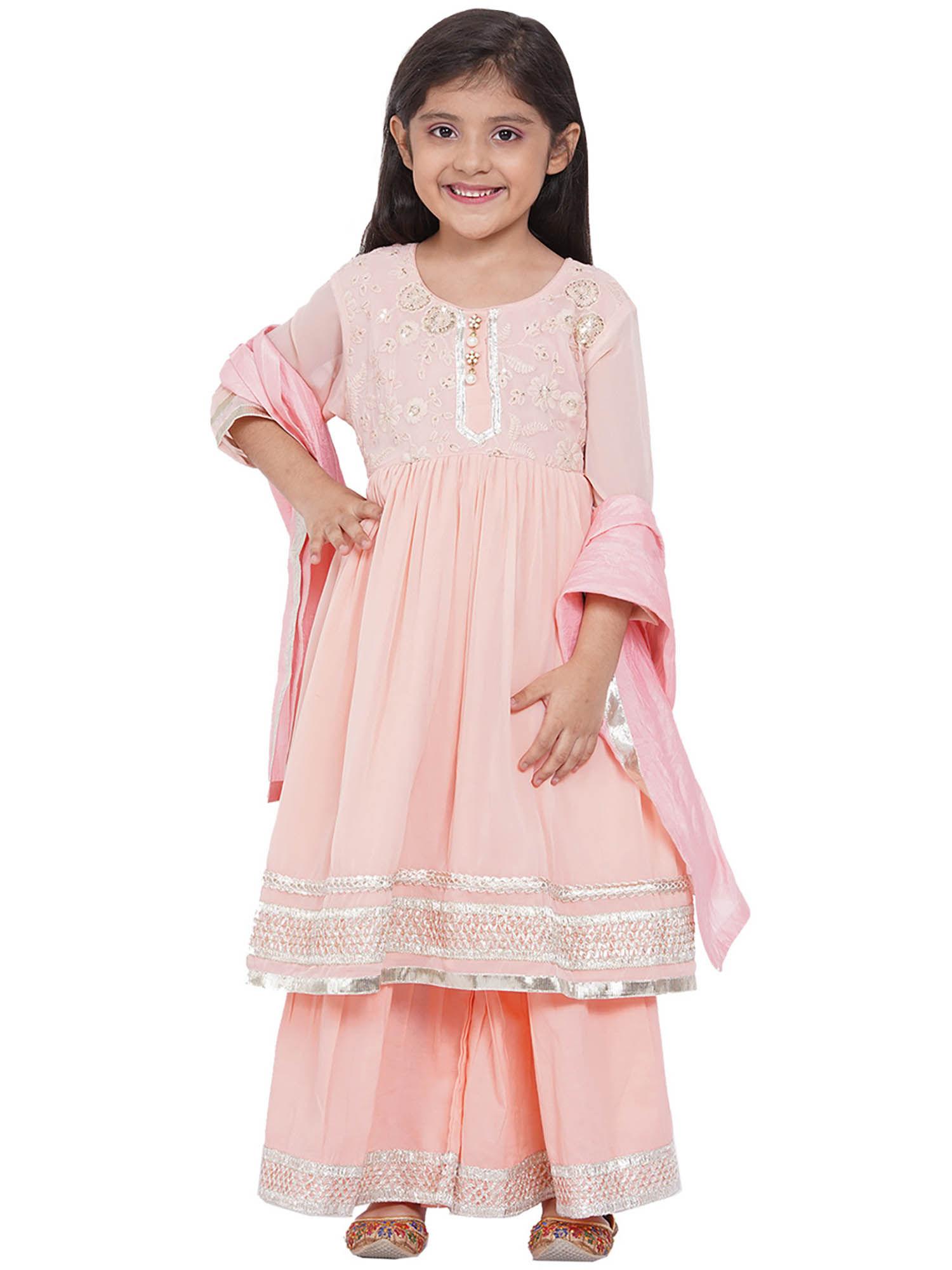 cotton and georgette kurta with sharara and dupatta - peach (set of 3)