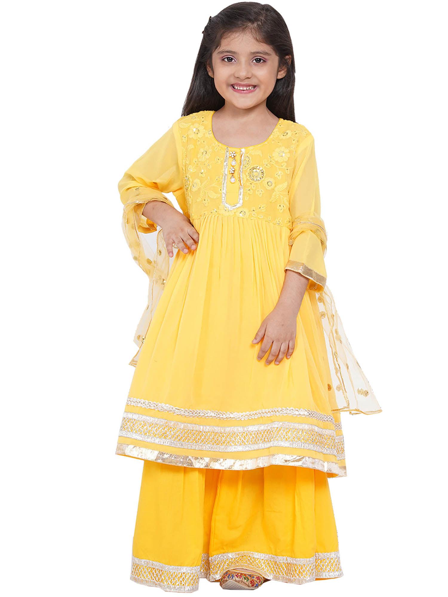 cotton and georgette kurta with sharara and dupatta - yellow (set of 3)