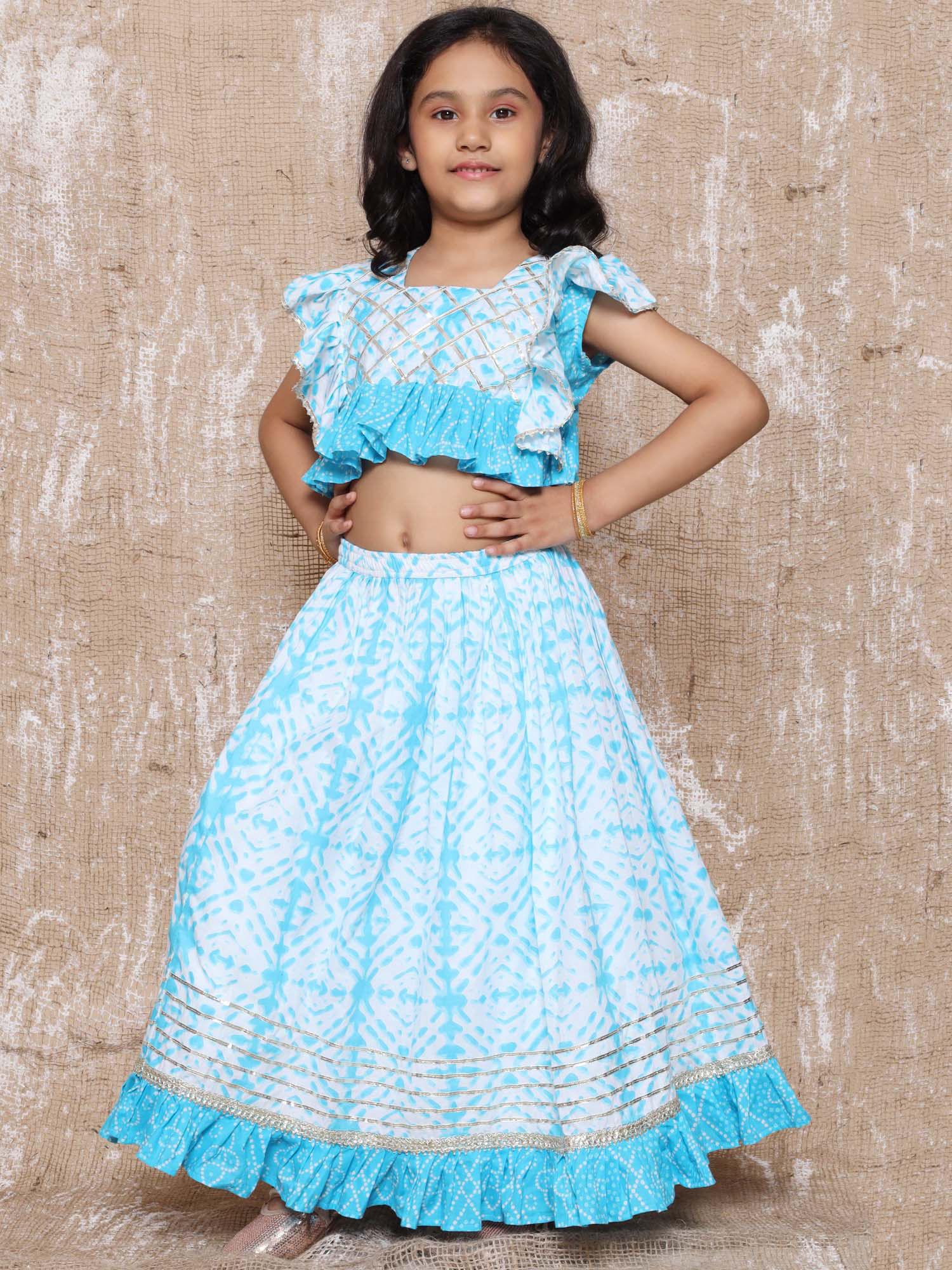 cotton bandhani print sleeveless lehenga choli for girls blue (set of 2)