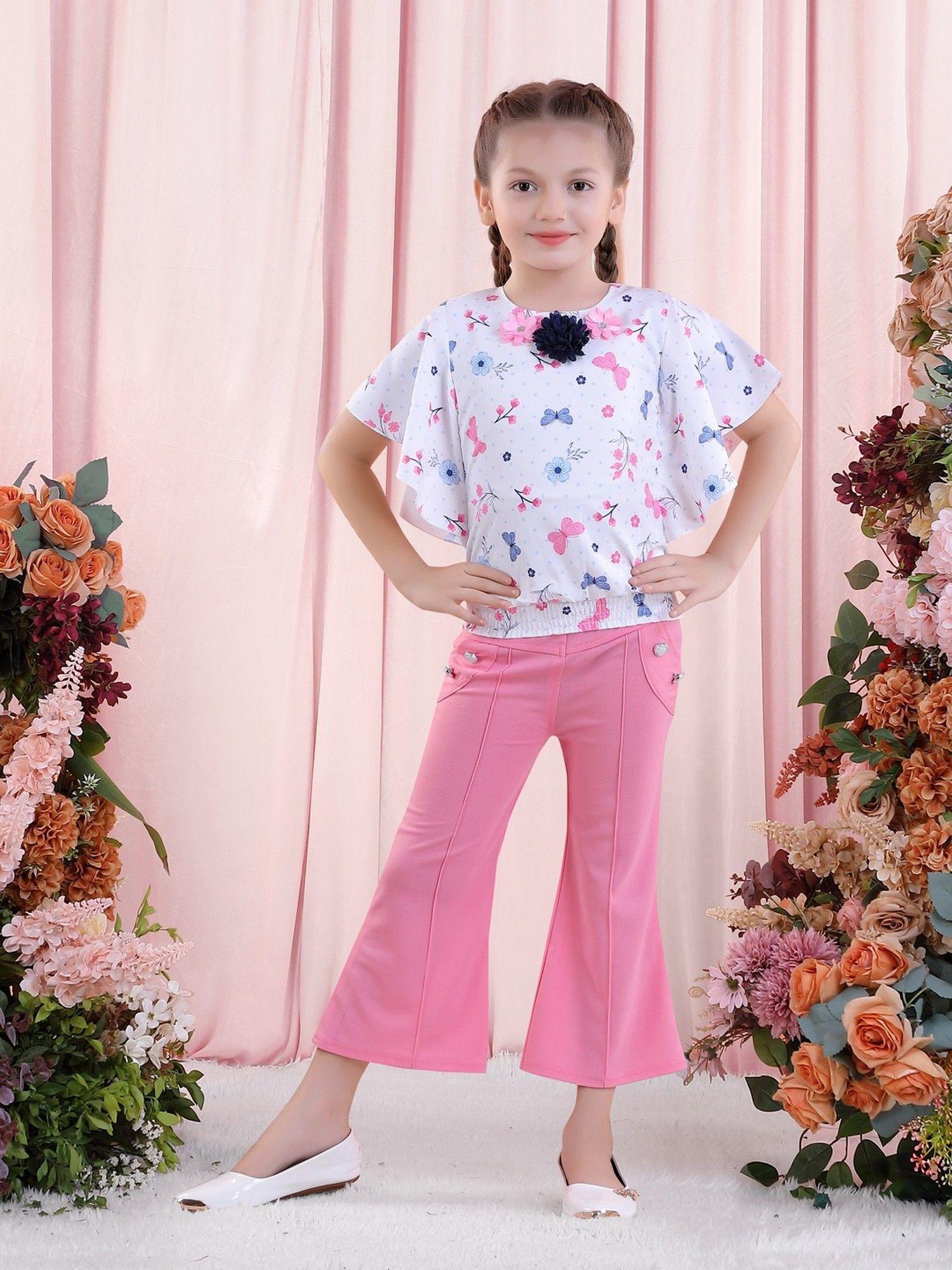 cotton blend top & trousers clothing for girls - pink (set of 2)