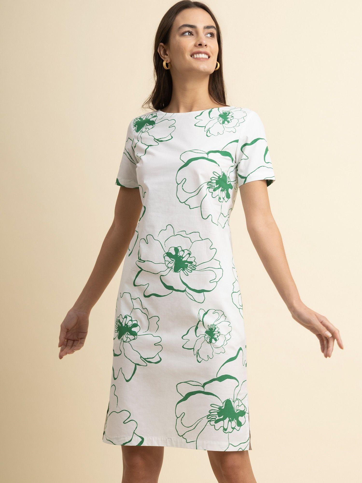 cotton boat neck dress white and green