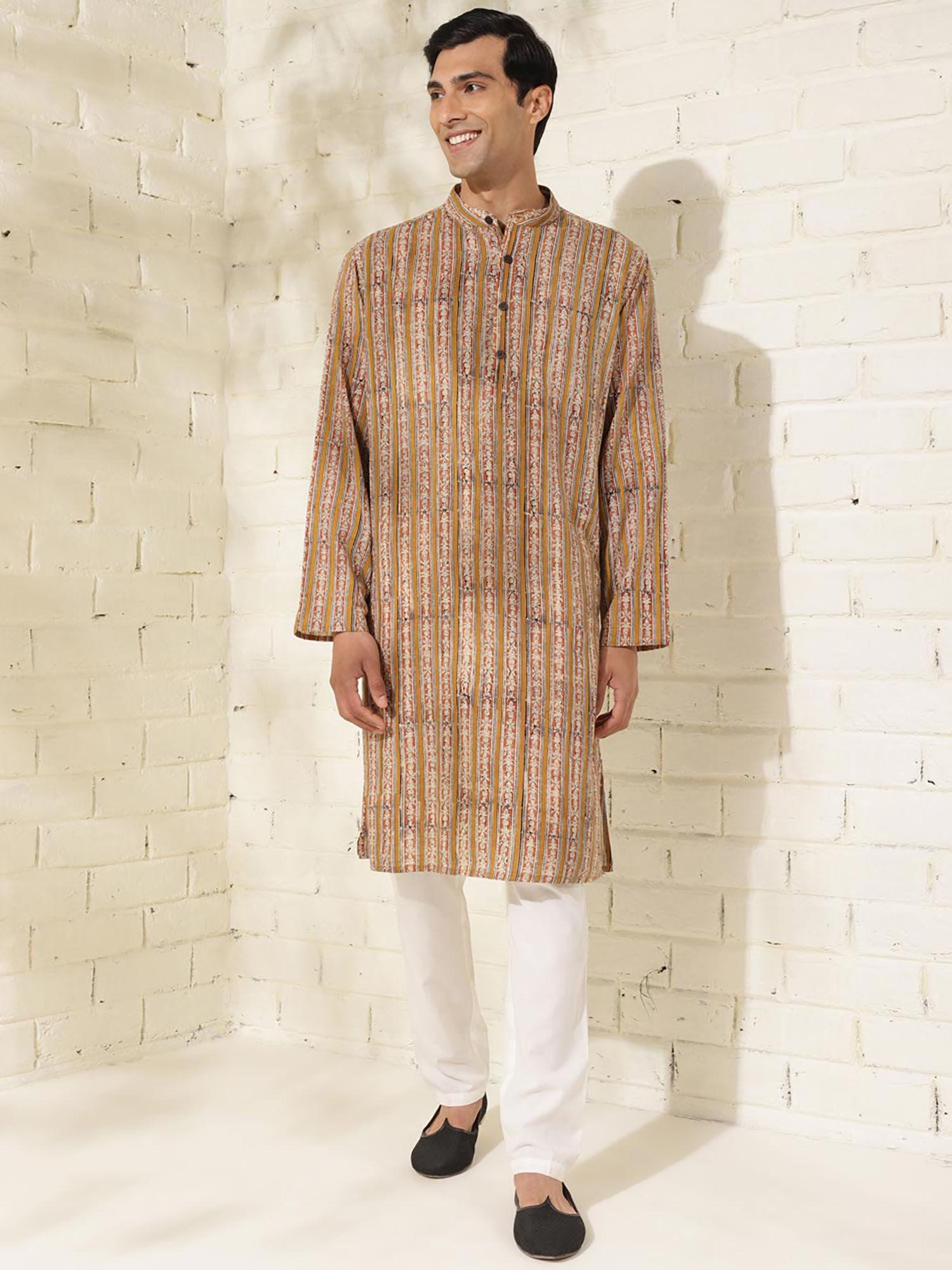 cotton brown bagru print mandarin neck full sleeves comfort fit men kurta