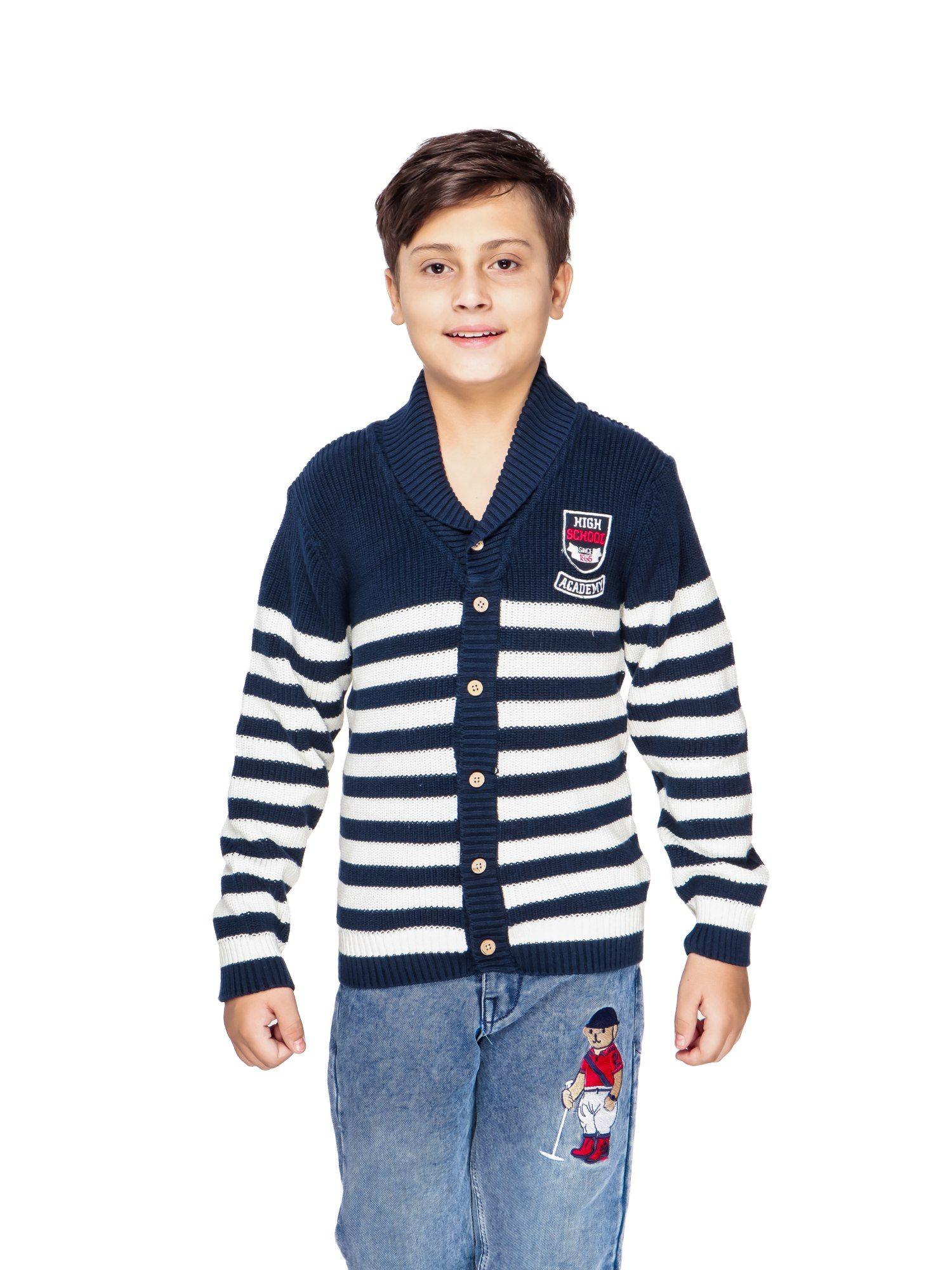 cotton button full sleeve v-neck stripe and patch sweater for boys