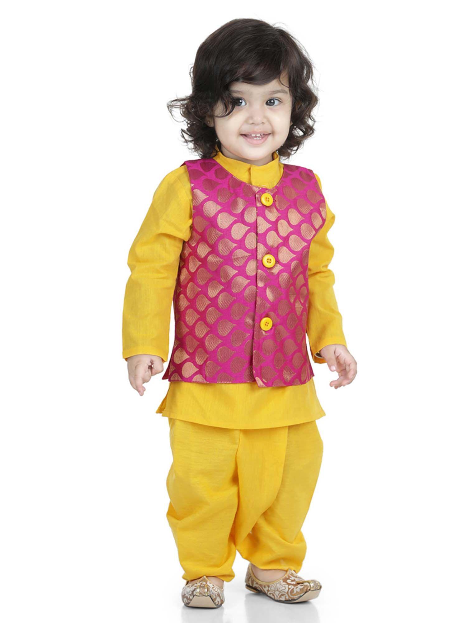 cotton dhoti kurta with jacket yellow and pink (set of 3)