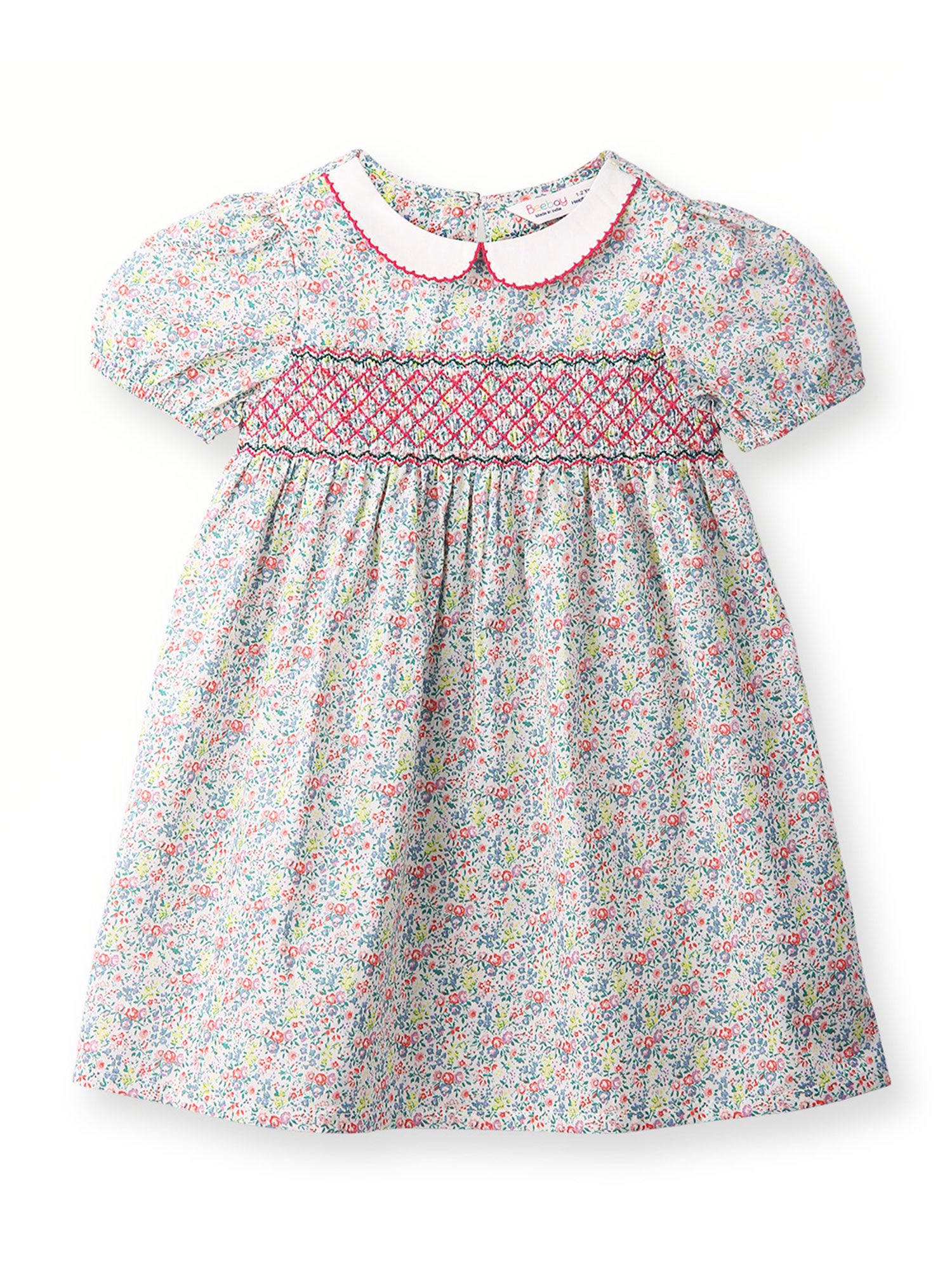 cotton embroidery smocked print dress-multi-color