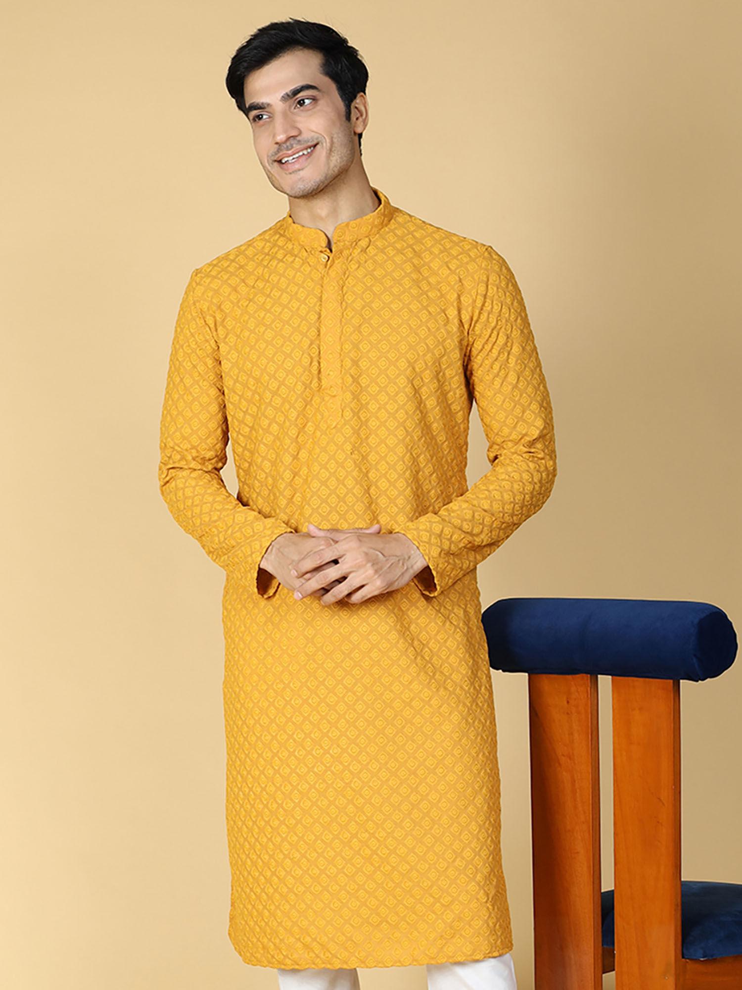 cotton full sleeve regular fit chikankari embroidery yellow kurta for men