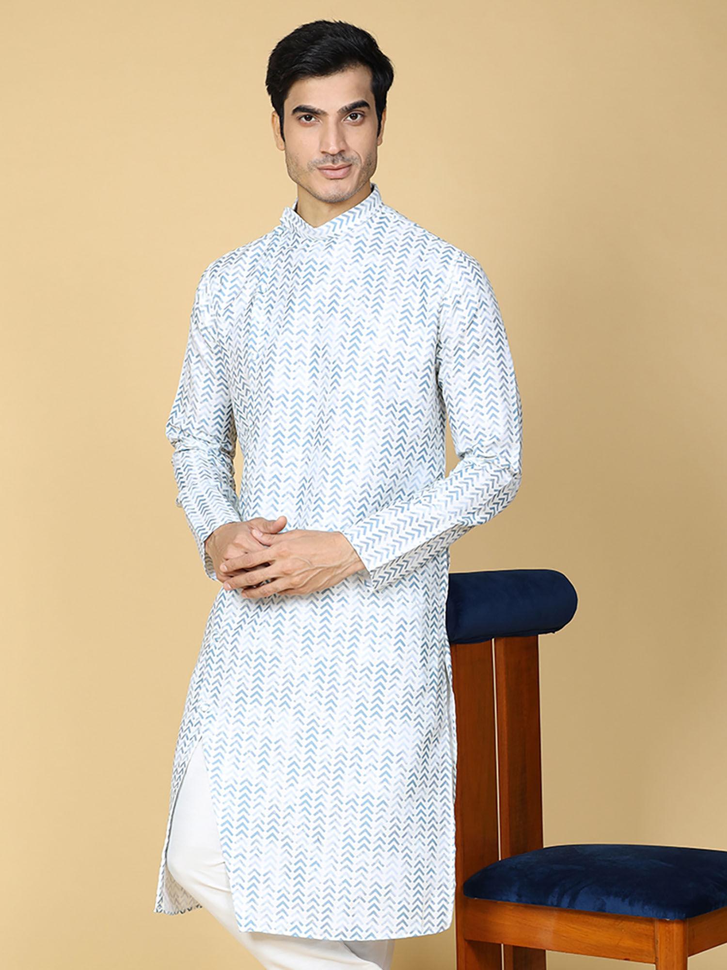 cotton full sleeve regular fit printed blue kurta for men