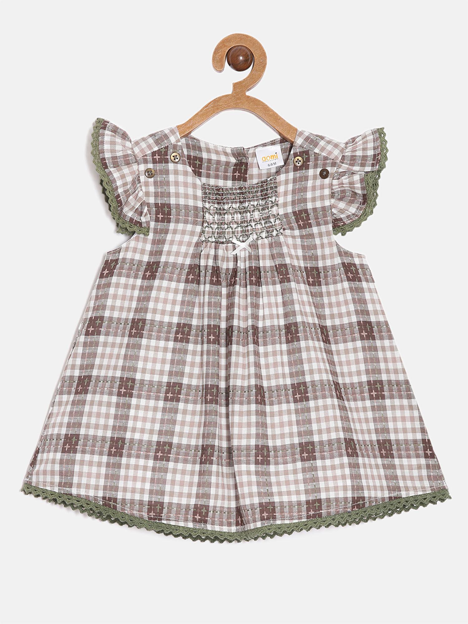 cotton infant smocked dress with cap sleeves and lace-brown & white