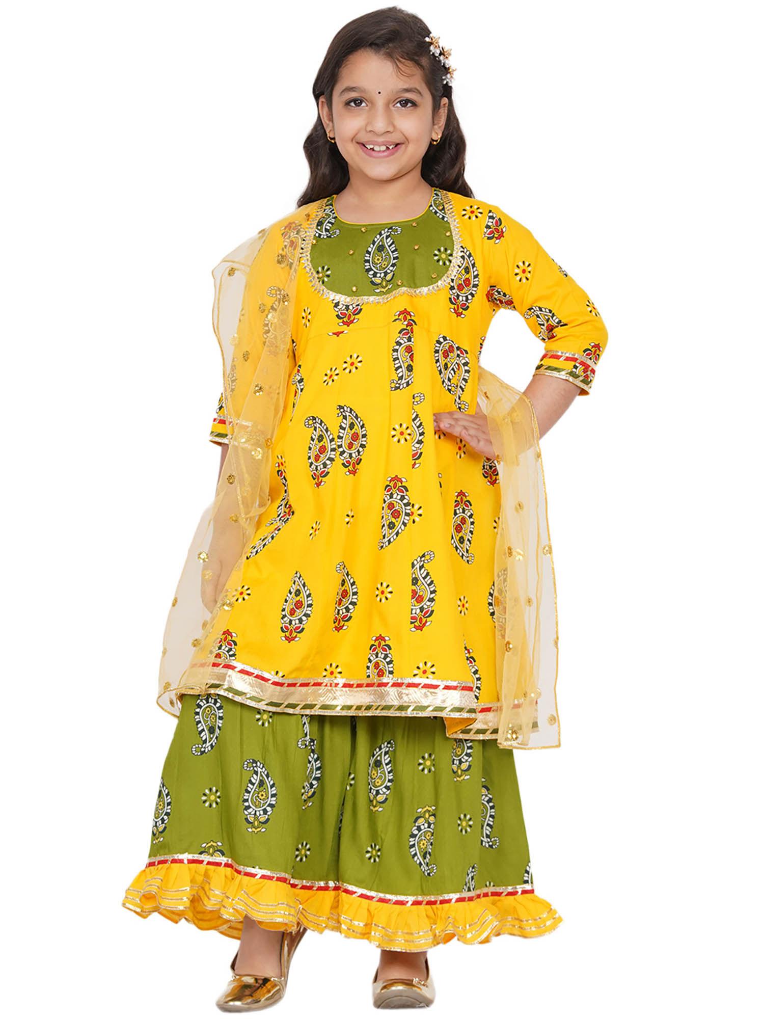 cotton jaipuri kurta, frill sharara and dupatta - yellow (set of 3)