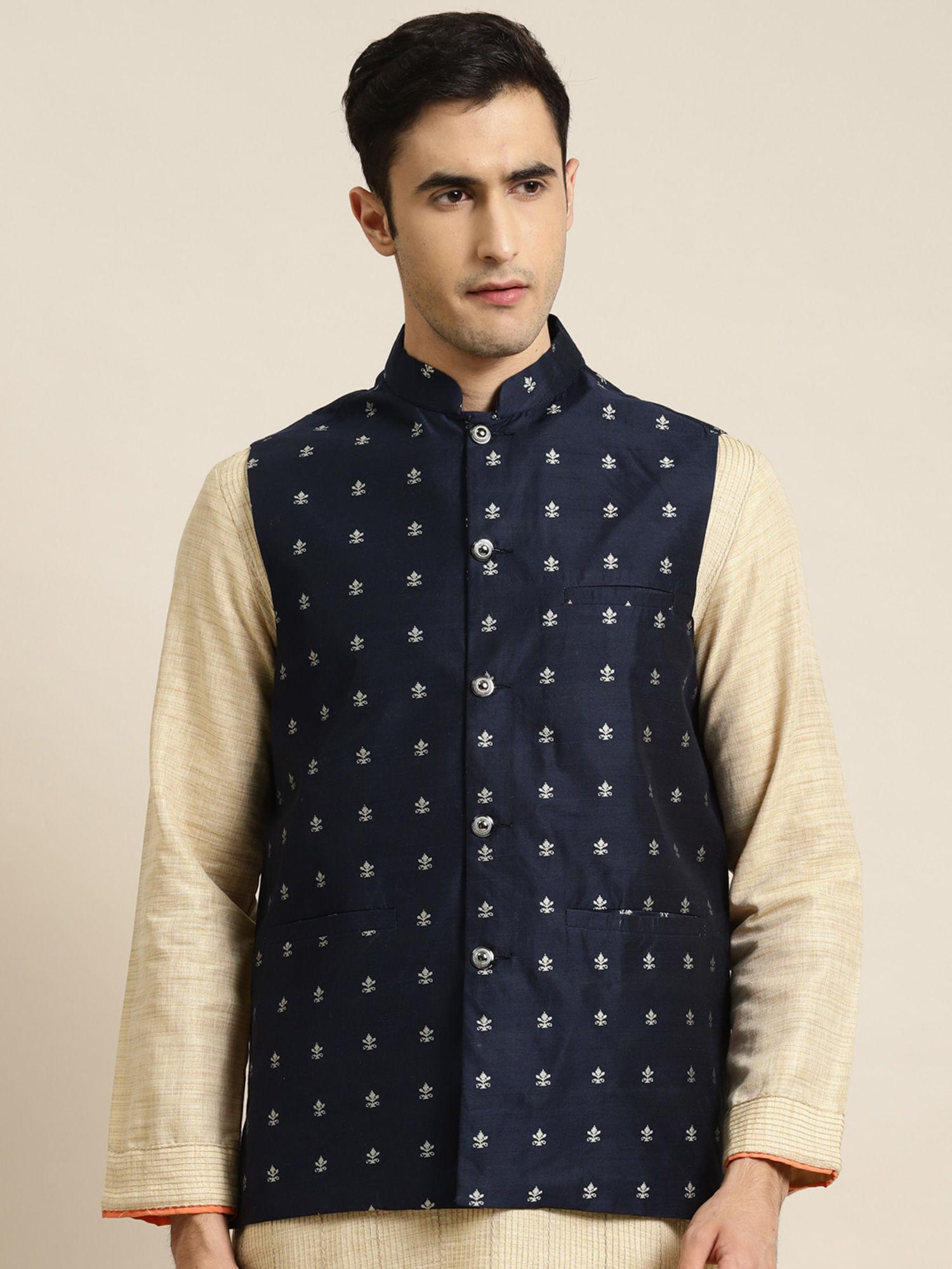 cotton navy blue self design only nehru jacket