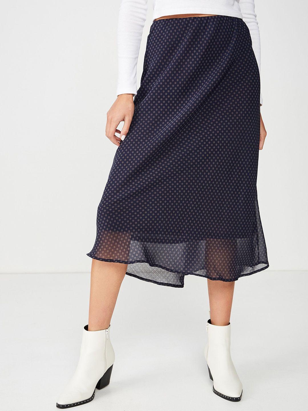 cotton on women navy blue & grey printed a-line midi skirt