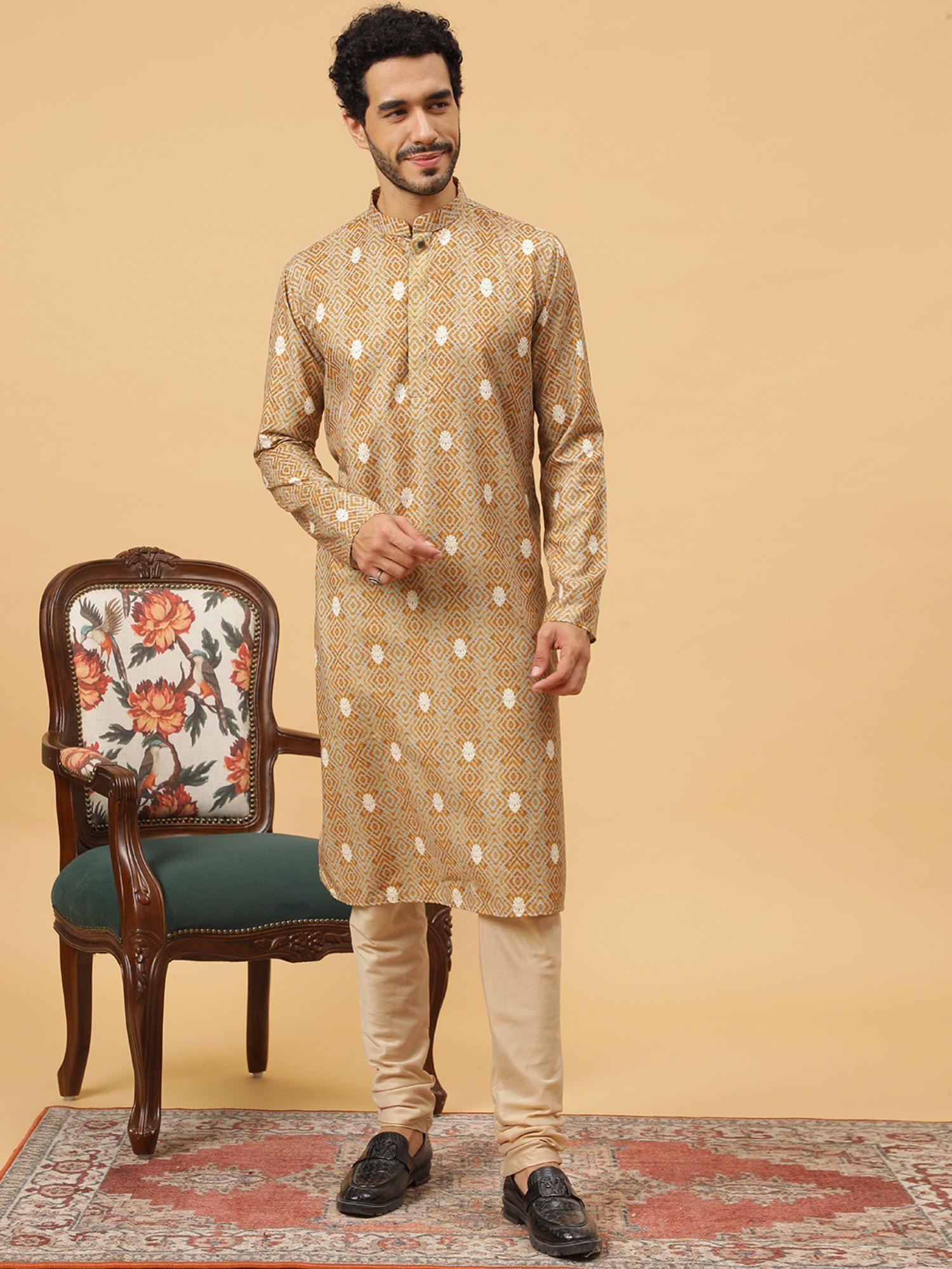 cotton printed beige ethnicwear men kurta