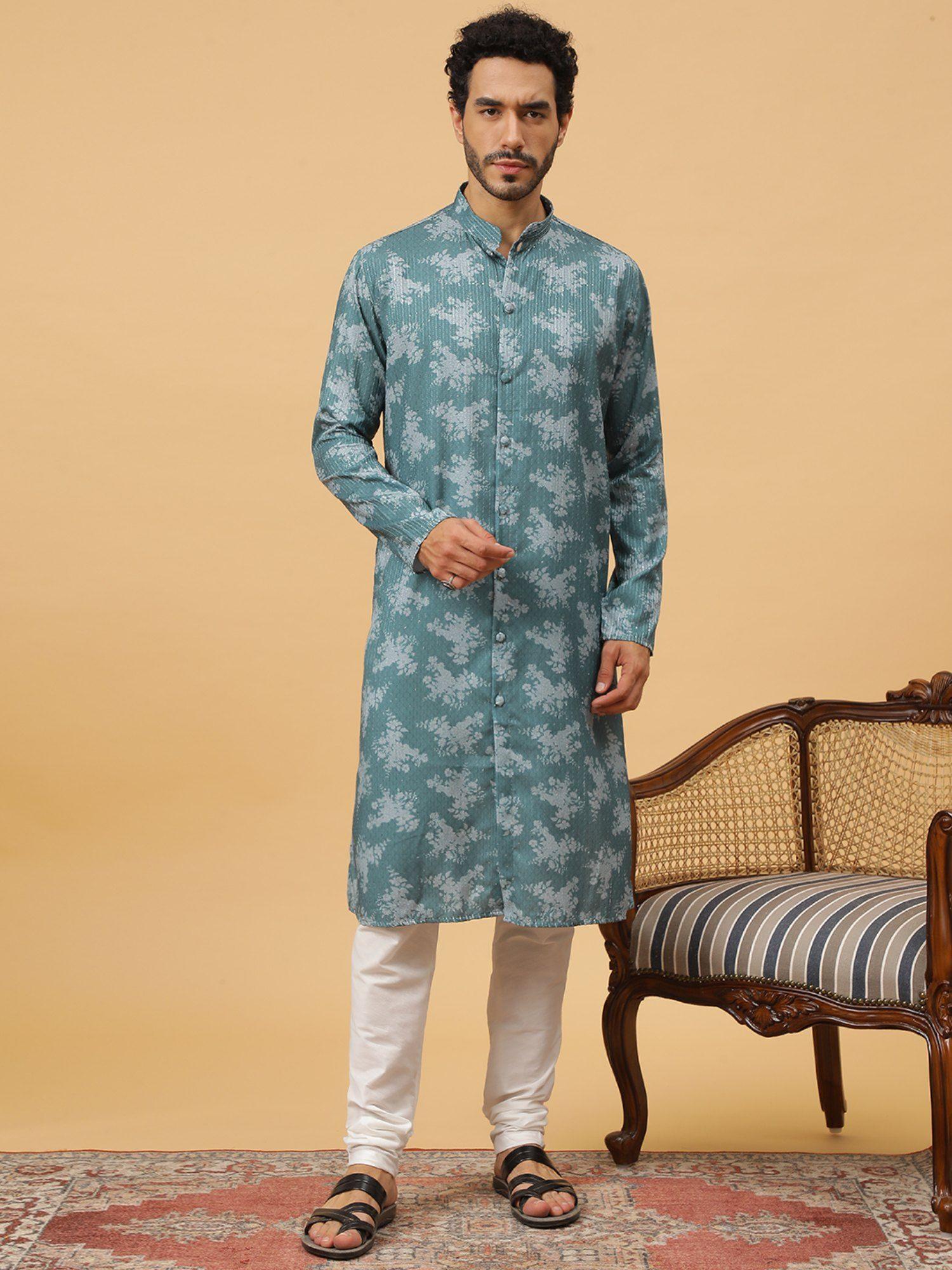 cotton printed green ethnicwear men kurta