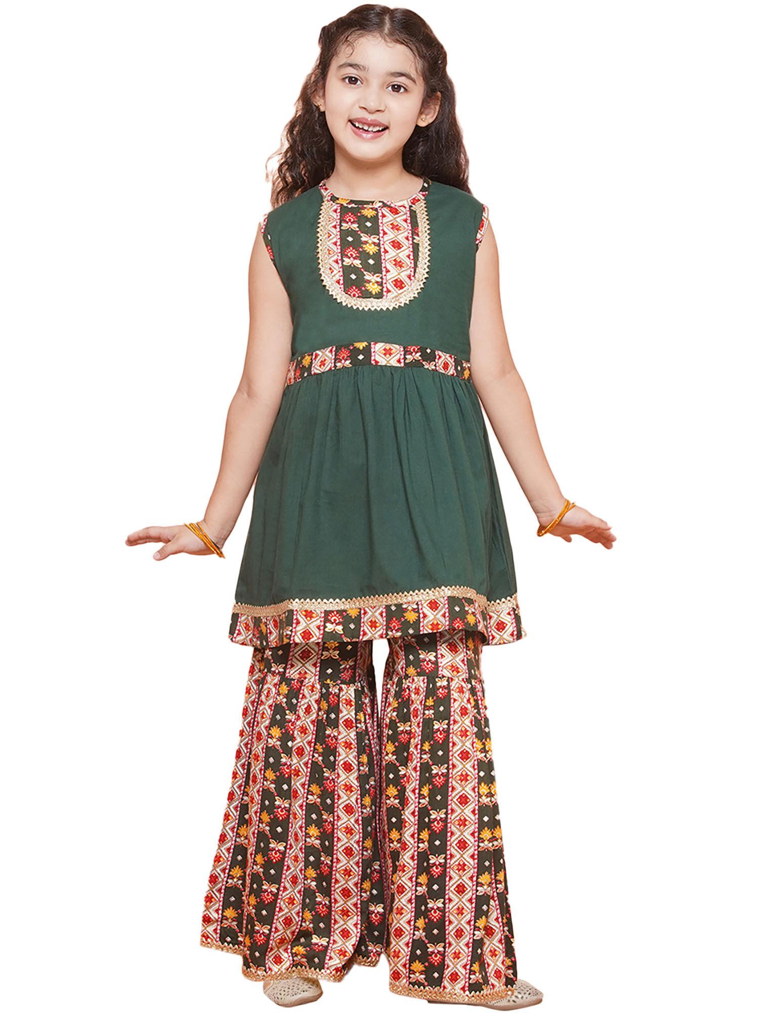 cotton printed green sleeveless kurta with sharara for girls (set of 2)