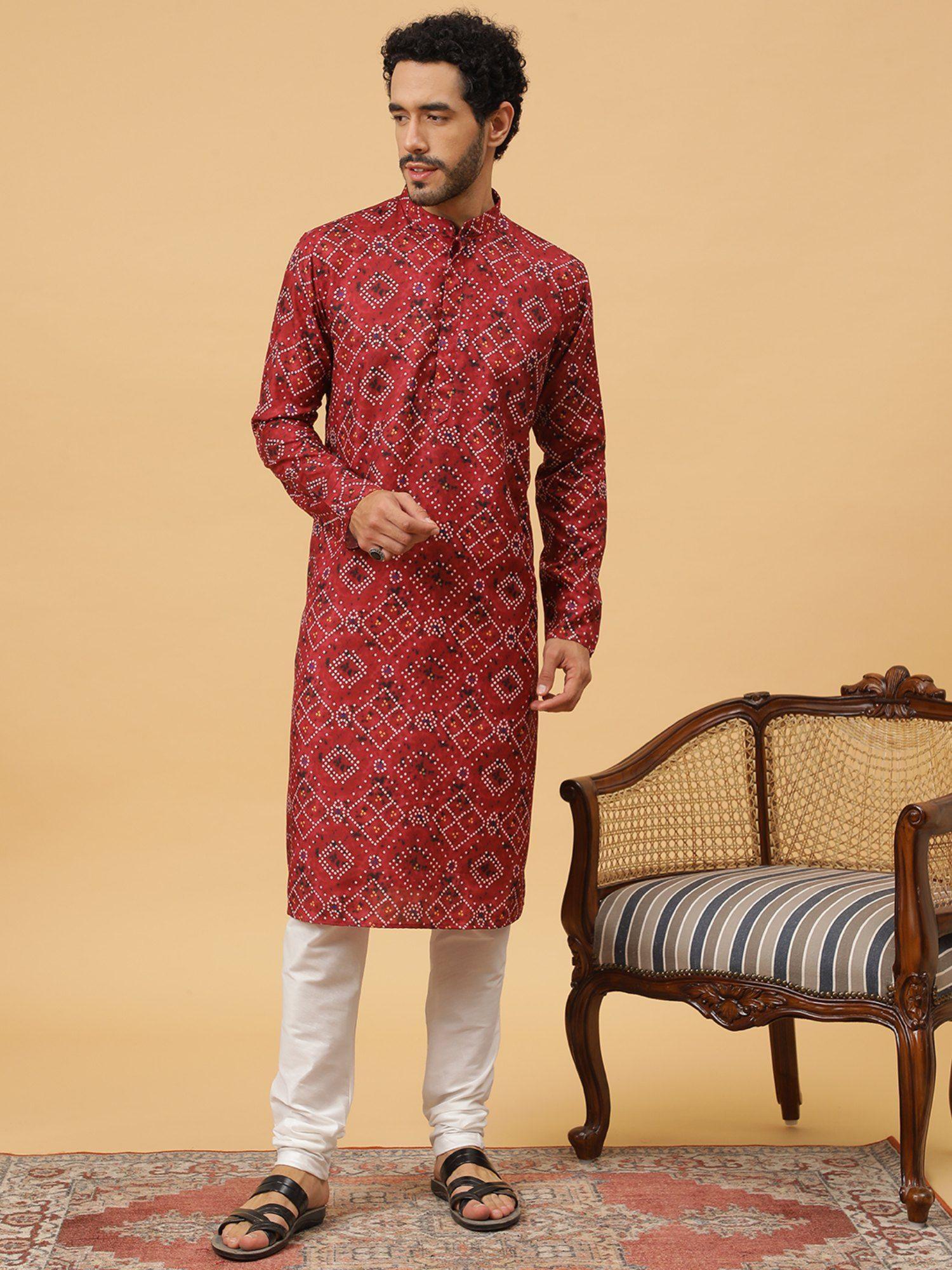cotton printed red ethnicwear men kurta