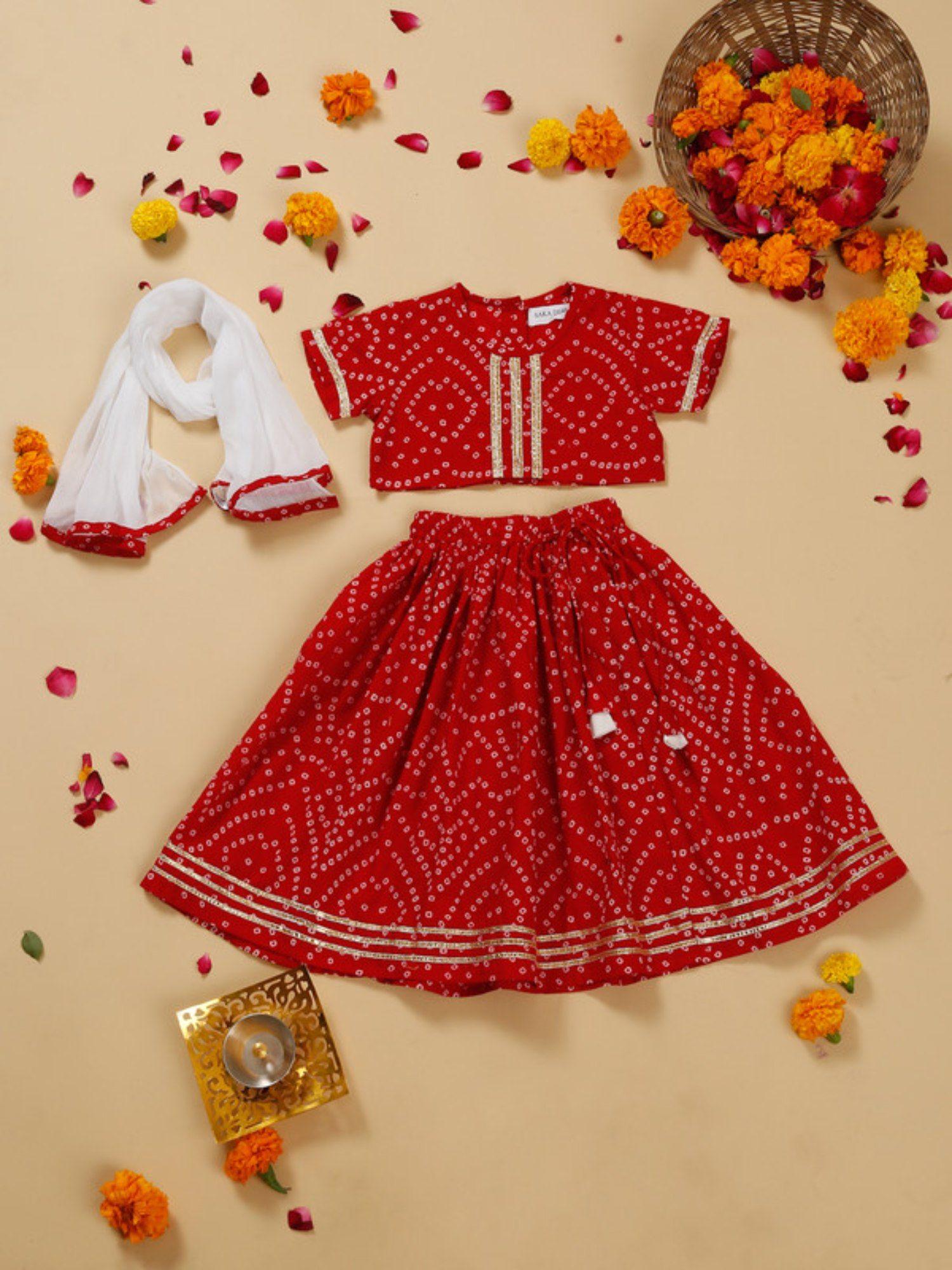 cotton printed round neck lehenga and choli with dupatta-red (set of 3)